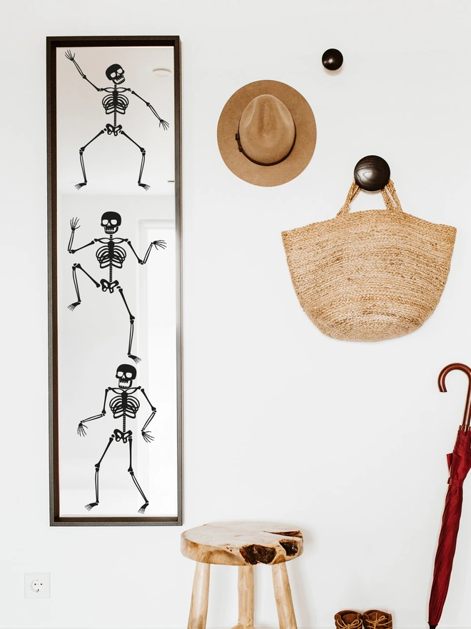 dancing skeleton mirror stickers in black