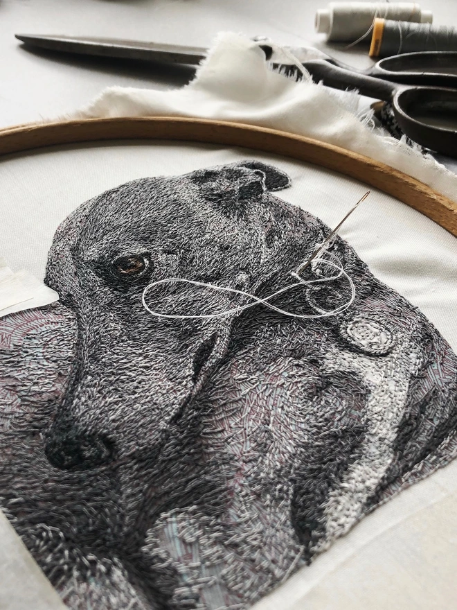 photo of embroidered pet portrait in the making