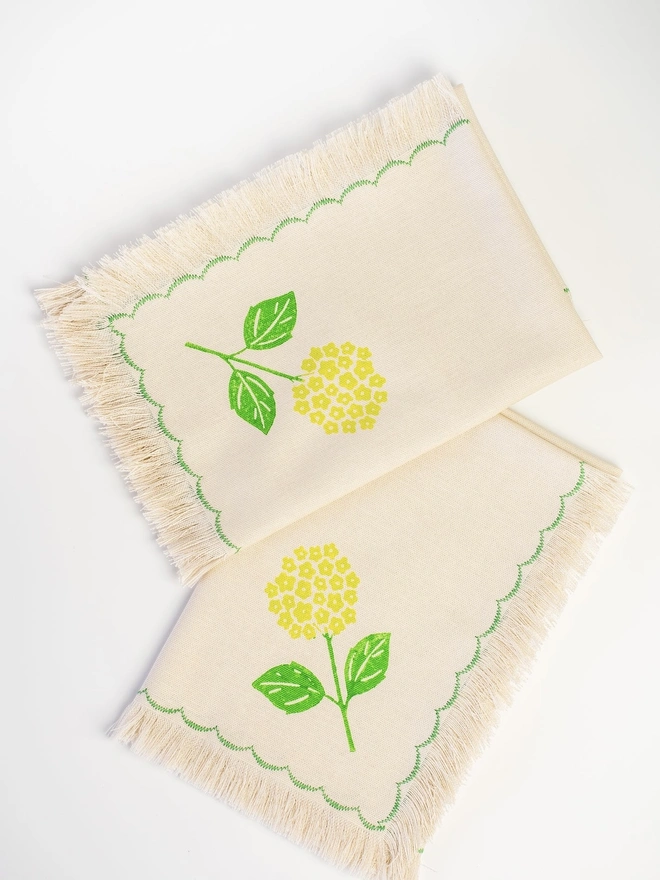 Block Printed Fringed Napkins Hydrangea (Set Of 2)