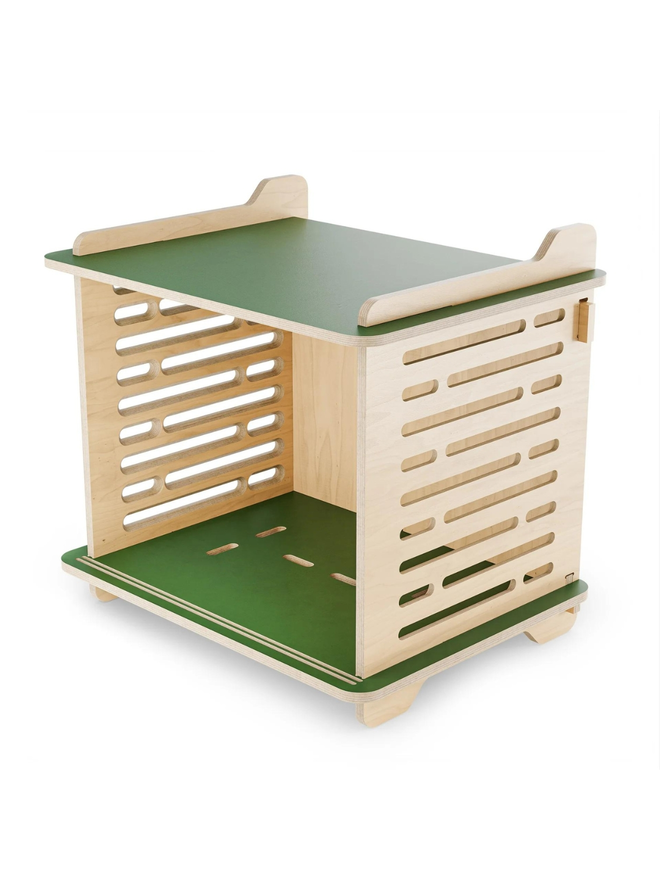 wooden dog crate with green top and base side view interior