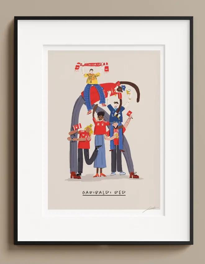 illustrated football team fan print. an illustrated image of football fans in nottingham forest merchandise with a team quote.
