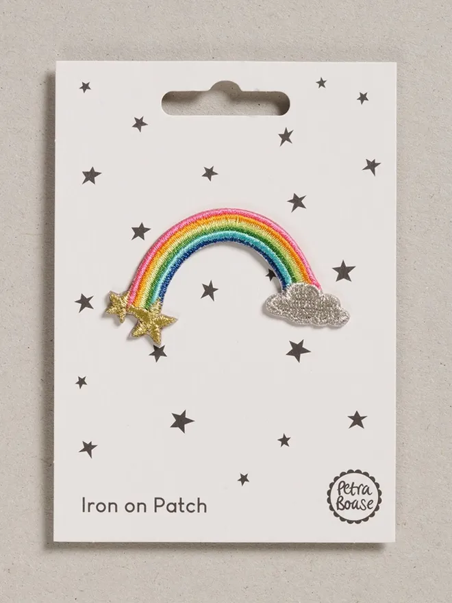 Rainbow iron on embroidered fabric patch. 