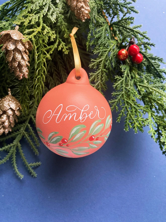 Personalised Hand Painted Christmas Name Bauble With Berries