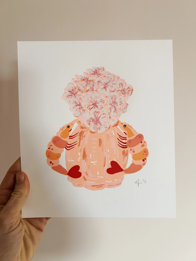 Screen Print, Hannah Carvell, Prawn Vase of Flowers, Pink