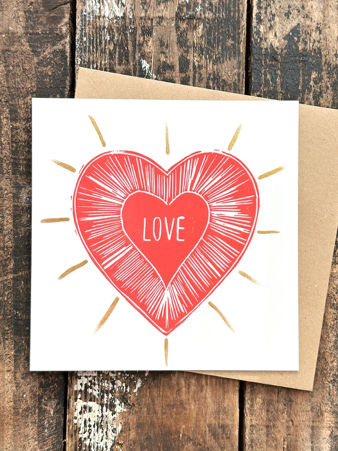 Love Heart Valentines Card Hand Printed Linocut With Gold 