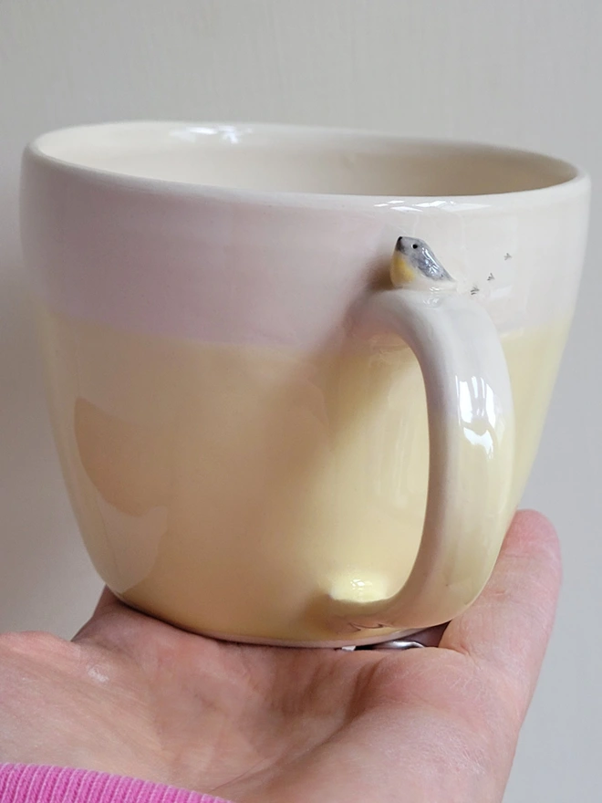 ceramic yellow cup with tiny yellow robin bird on the handle and birdprints