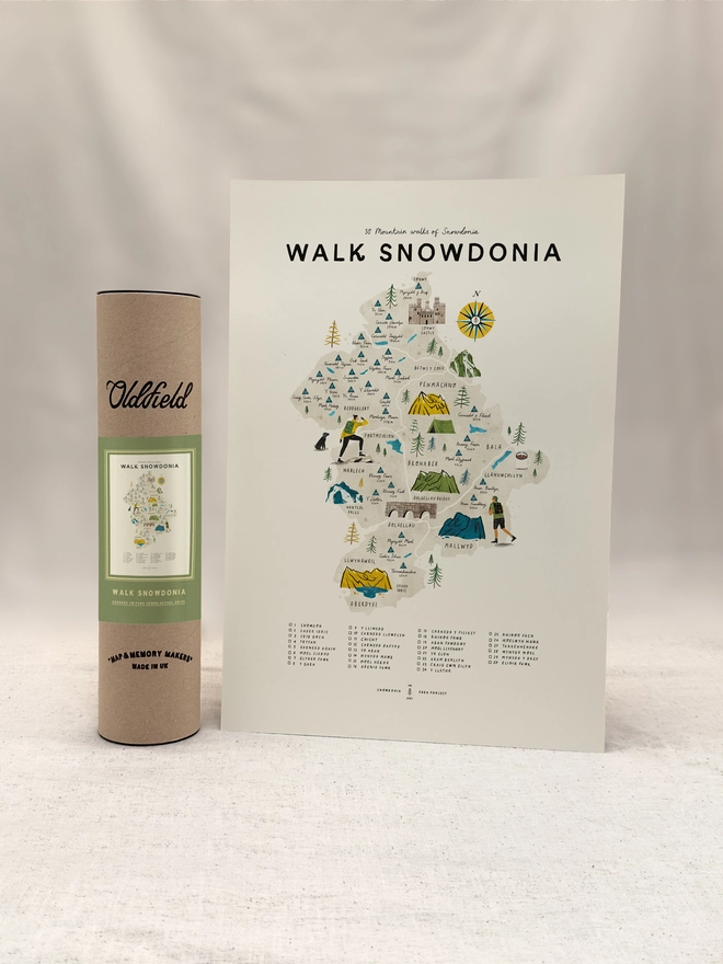 Walk Snowdonia map print with tube packaging