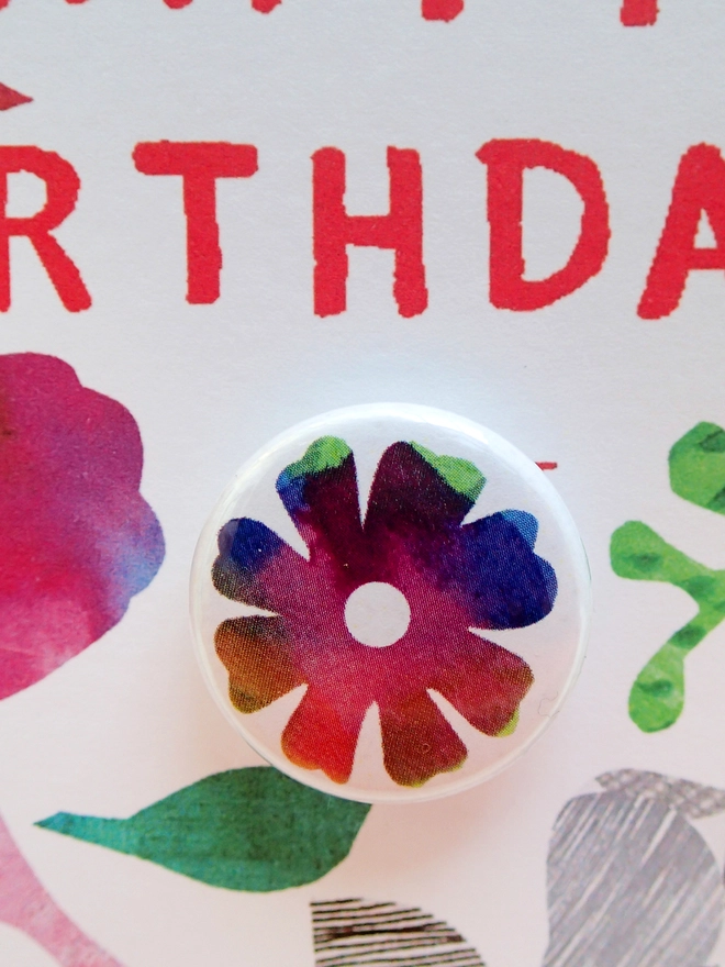 Collage & flower birthday card with pin badge