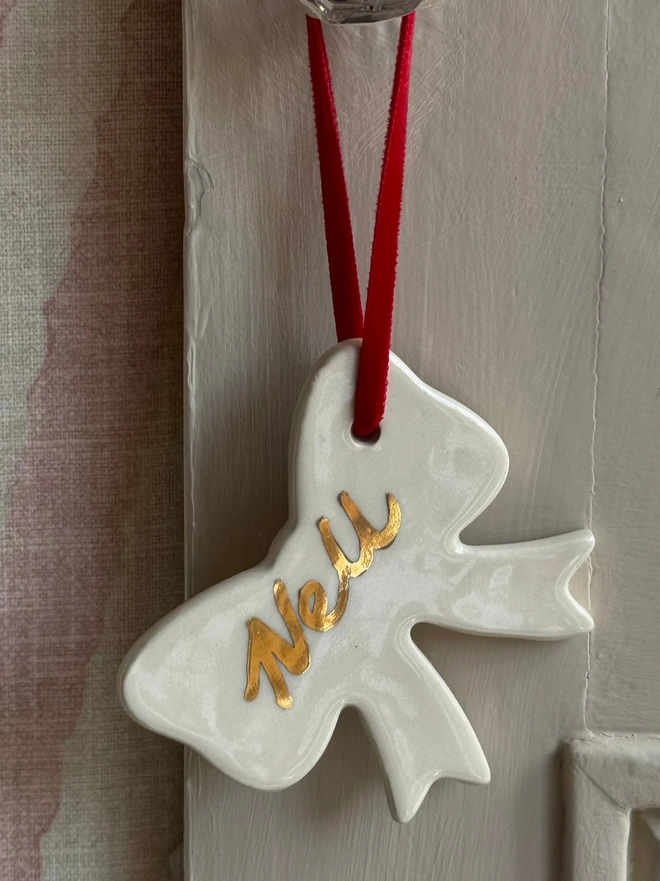 personalised Christmas tree decorations with gold lustre