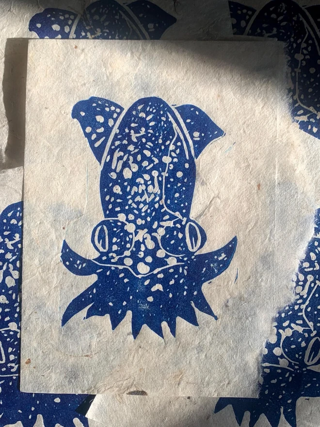 Lino Print Dumbo Octopus On Handmade Paper