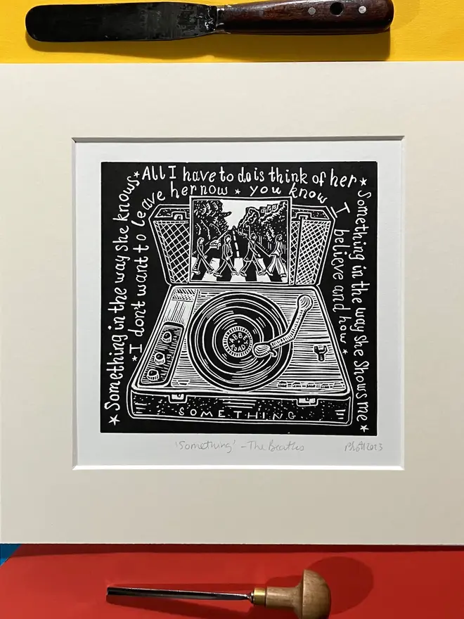 something beatles lyric lino print