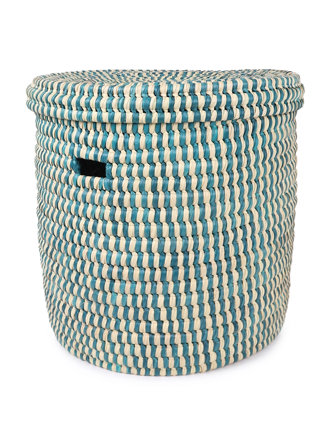 turquoise check laundry basket with lid on