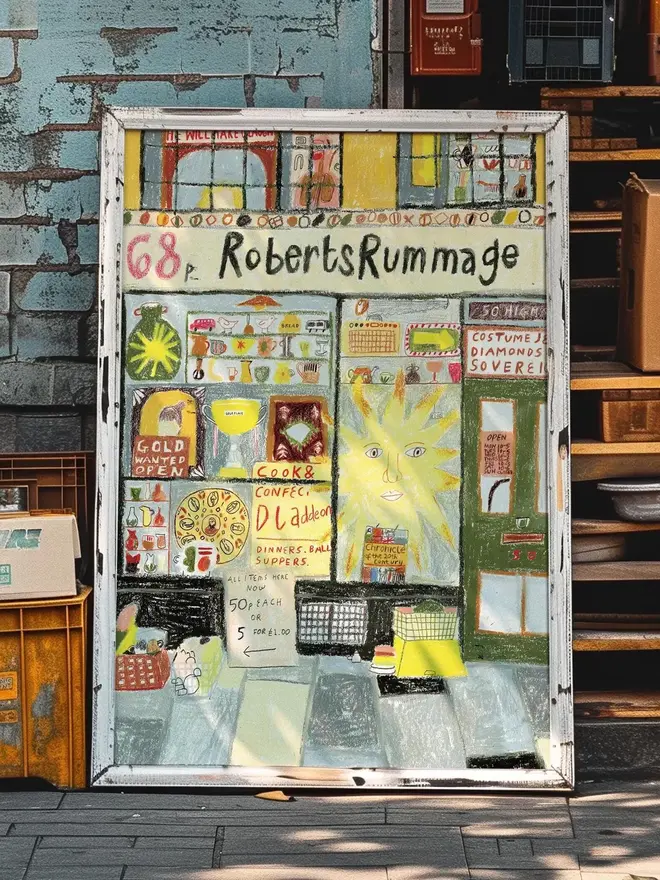 illustrated antique shop print. detailed illustration of 'roberts rummage' antique shop in bright colours.