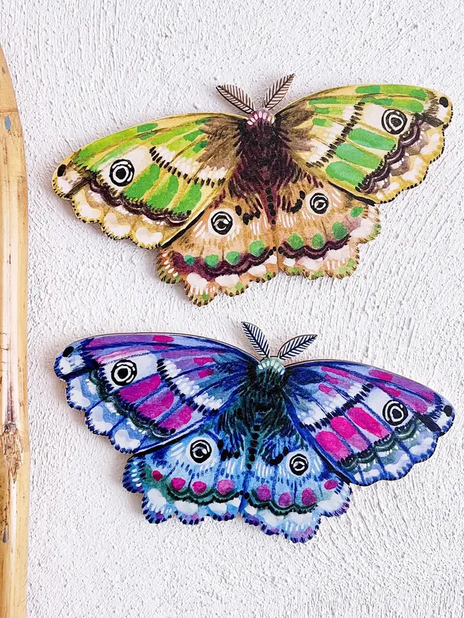 wooden emperor moth wall decoration. blue and green wooden moths hung on plain white wall.