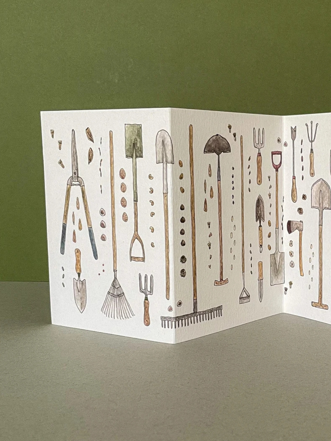 Watercolour Illustration Garden Tools Concertina Card 