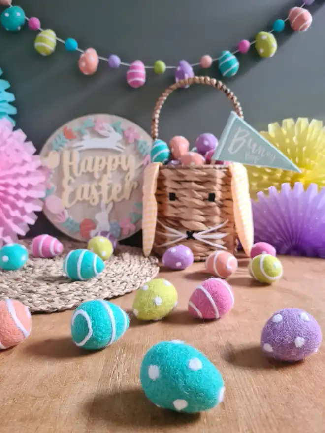 Easter table display with Easter basket and felt eggs