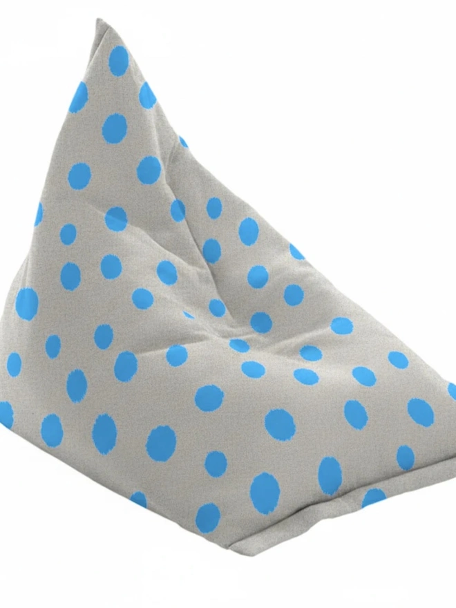 Hand Painted & Repurposed Linen Bean Bag Polka Dot Chair, colourful neon blue bean bag polka dot chair on a white surface. 