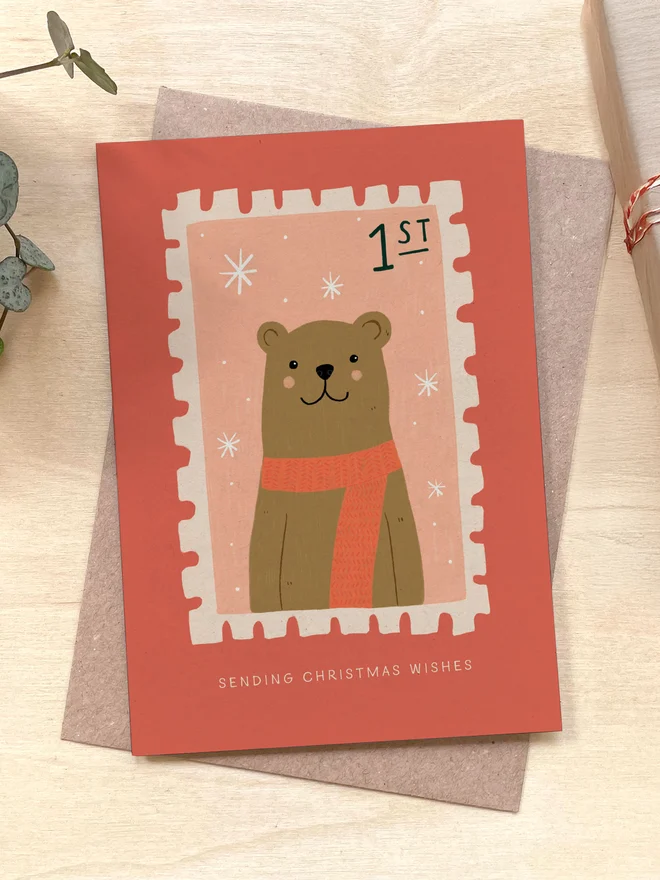 Bear Stamp Christmas Recycled Coffee Cup Card