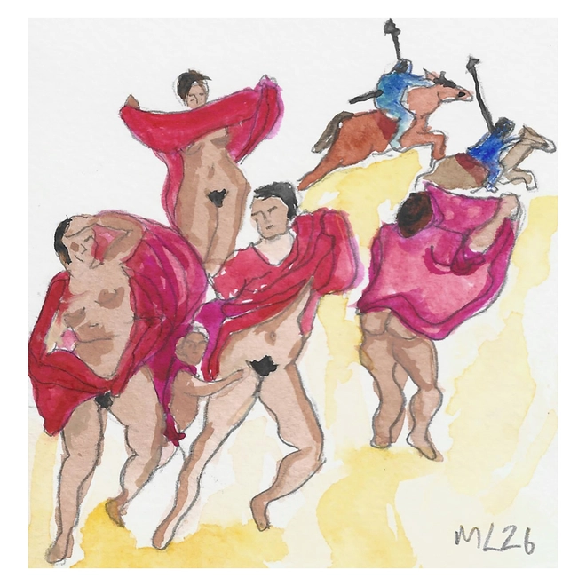 watercolour art piece of 4 women with horses in background