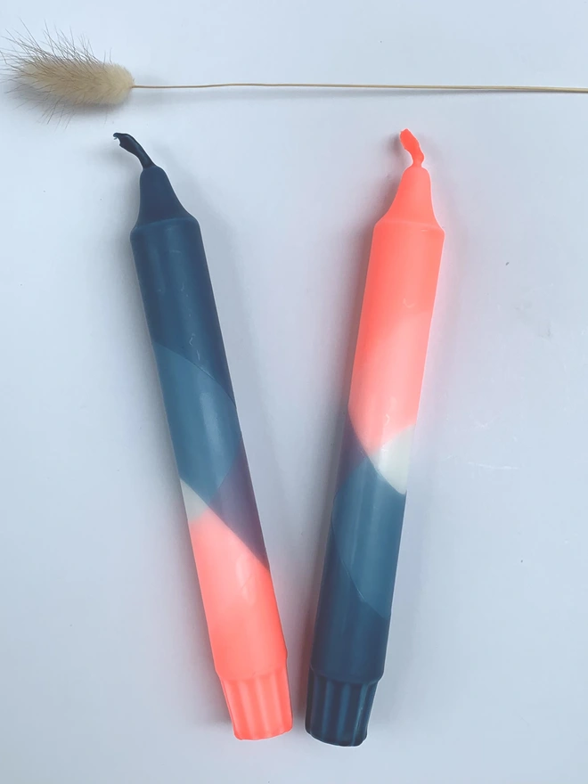 Neon Coral & Teal Dip Dyed Dinner Candles (Set Of 2)