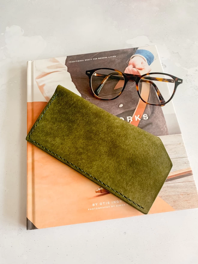 Olive leather glasses case