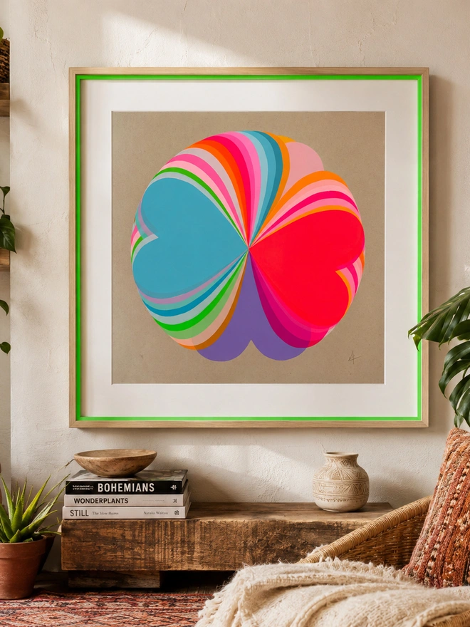 Hannah carvell Original Screen Print, one of one, hand printed, Bright coloured Abstract Hearts, rainbow, Neon
