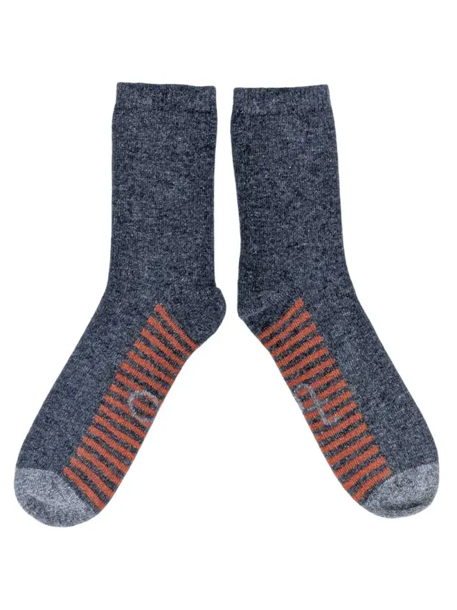 Men's Organic Cotten Striped Arch Ankle Socks, a pair of colourful patterned socks sitting on a plain white surface. 