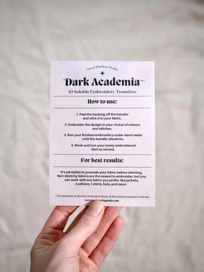 Reverse of the Dark Academia stick and stitch embroidery transfers set by Tired Starling Studio