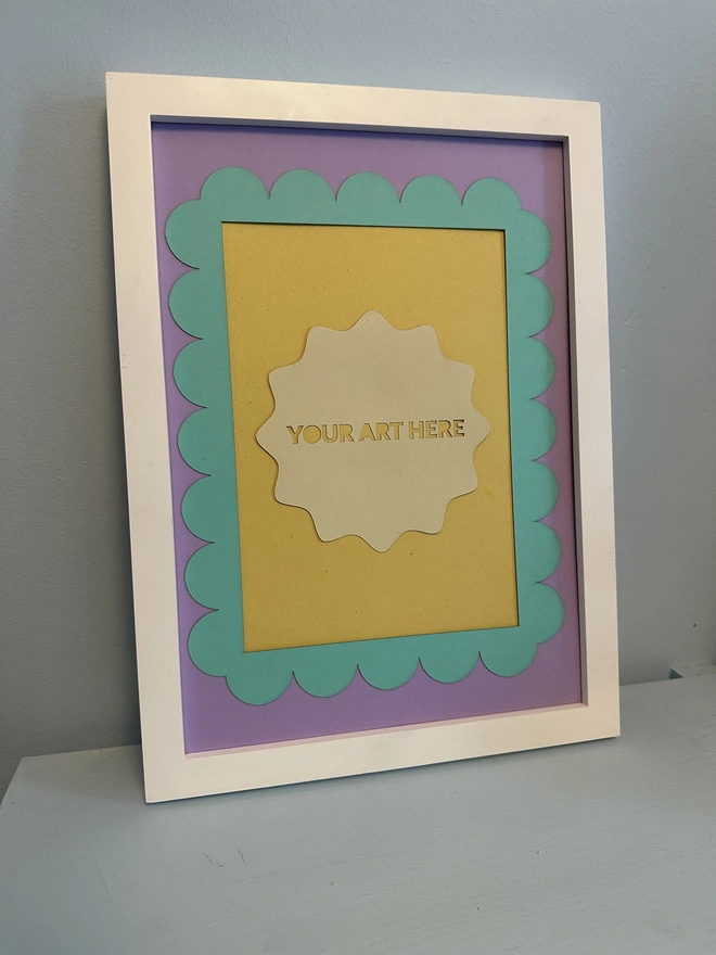 A5 to A4 Scallop Edge Picture Mount, Lilac and Teal in White Frame