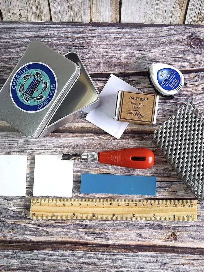 Mini Lino Carving & Block Printing Craft Kit, full kit unpacked