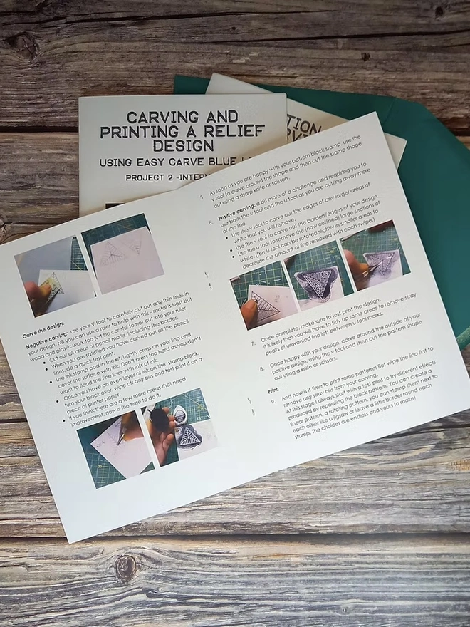 Lino Printing Starter Kit, instruction booklets showing projects. 