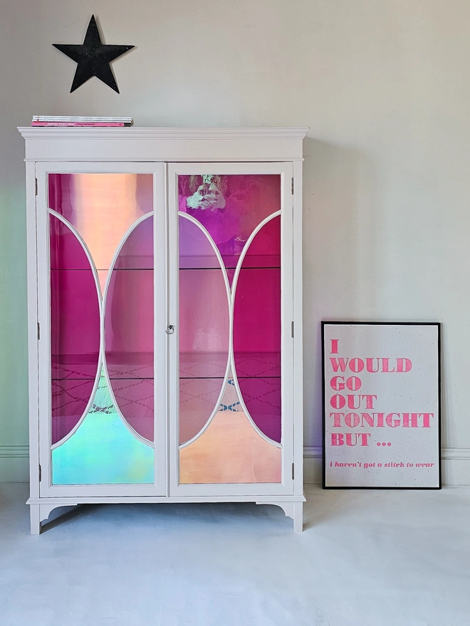 Stained Glass Cabinet with Hot pink vinyl panels available for a custom commission by Chloe Kempster