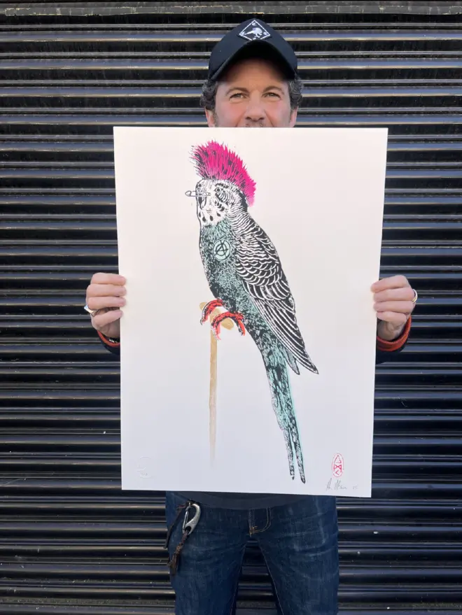 Punk budgie lino print, with symbols, coloured with blue and pink paint with on a white background. 