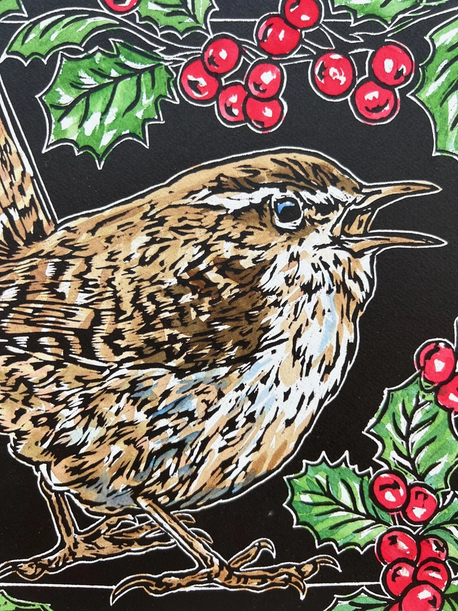 wren and holly berries detail