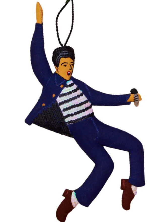 hand stitched Elvis in blue outfit hanging decoration front