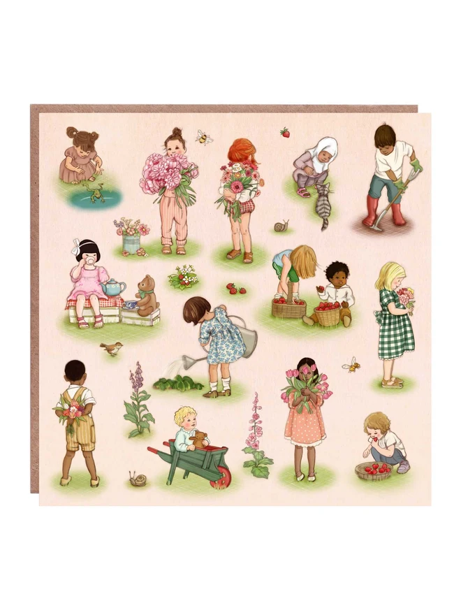 greeting card showing little children picking flowers drinking tea eating strawberries predominately pink in colour perfect for a birthday card or thank you card drawn in a vintage story book traditional style