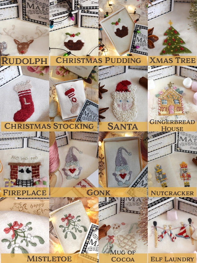 Showing each Christmas Matchbox design.  L-R, top-bottom.  Rudolph, Pudding x2, Tree, Stocking x2, Santa. Gingerbread House, Fireplace, Gonk x2, Nutcracker, Mistletoe x2, Mug of Cocoa, Elf Laundry.