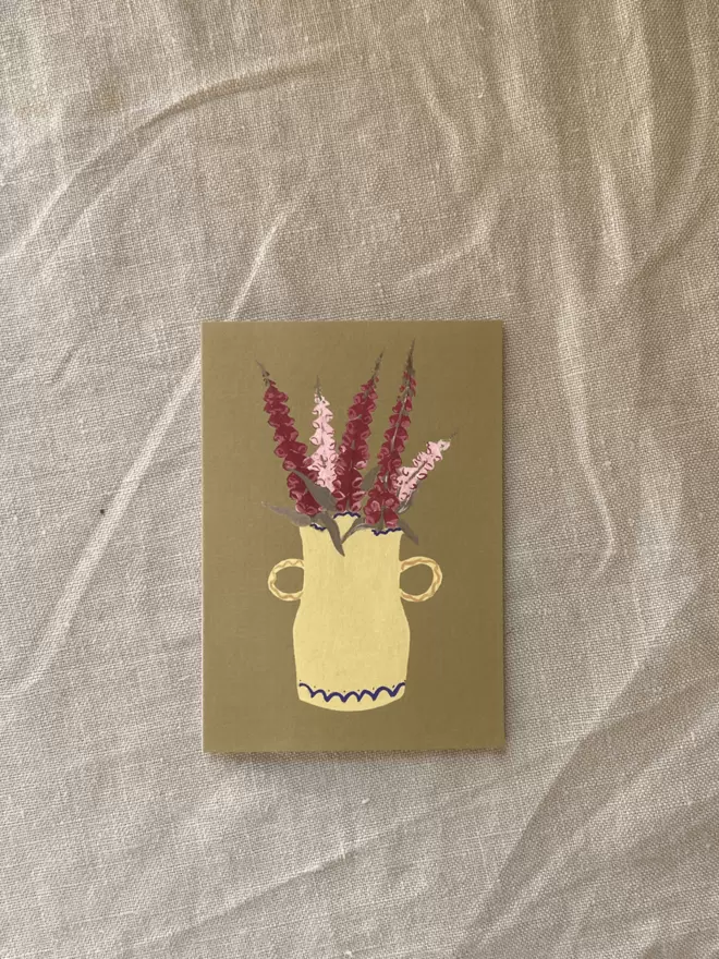 greetings card with pink foxgloves in a yellow vase on.