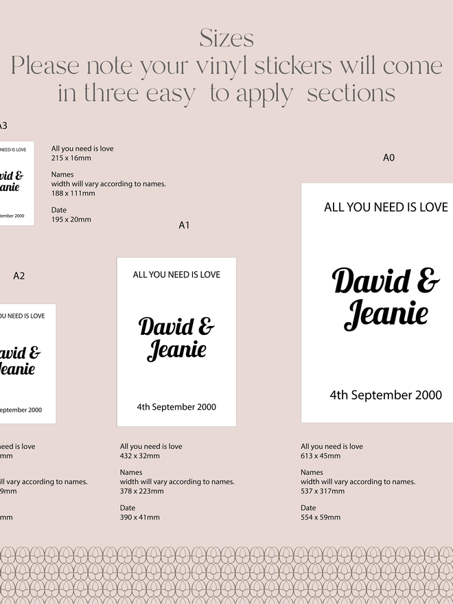 a size chart showing the sizes from A3 to A0, pink background and black writing showing an example of the wording for all you need is love, a sample name of the bride and groom and the date of the wedding
