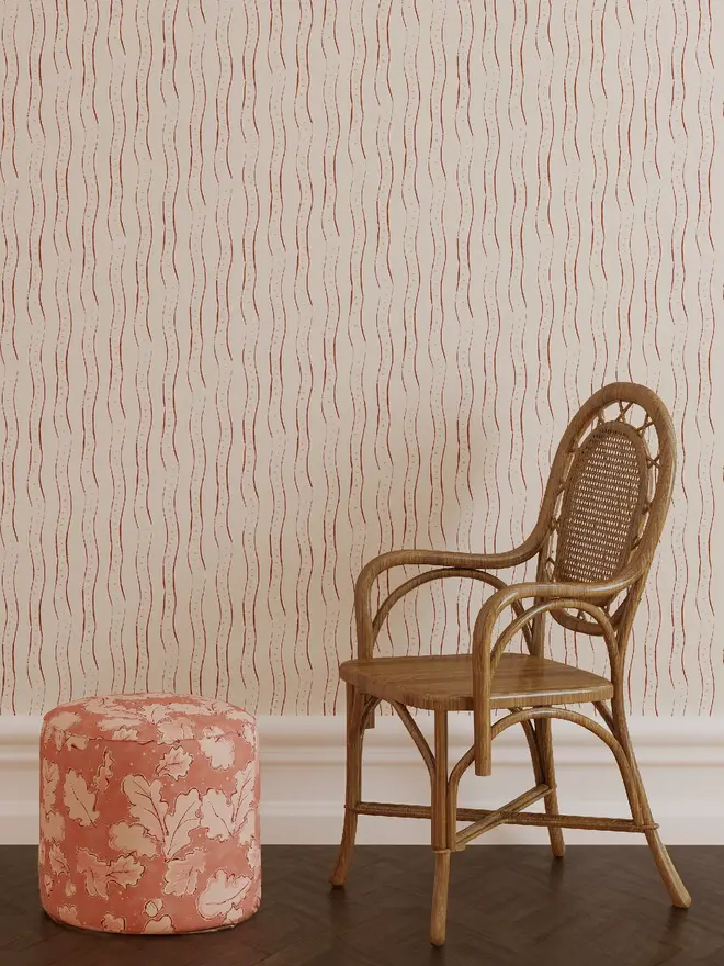 Rayure Burgundy Wallpaper, a living room with burgundy wallpaper. 