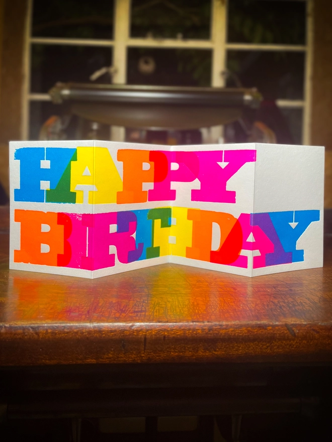 birthday, letterpress, typographic, wood, type, colourful, designer, luxury, bold, graphic, vibrant, concertina, fluorescent, rainbow, handmade, unique, artisan 