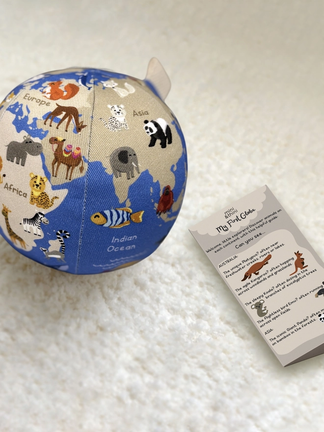 First globe soft toy shown with the little paper guide that comes with it