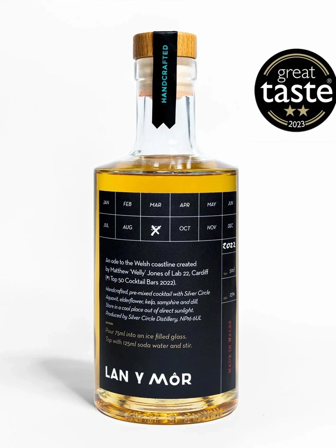 Lan Y Môr Cocktail Bottle, on a white surface. 