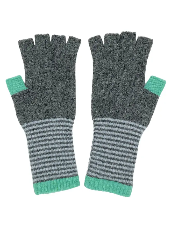 Women's Lambswool Fingerless Gloves, a pair of colourful fingerless gloves sitting on a plain white surface. 