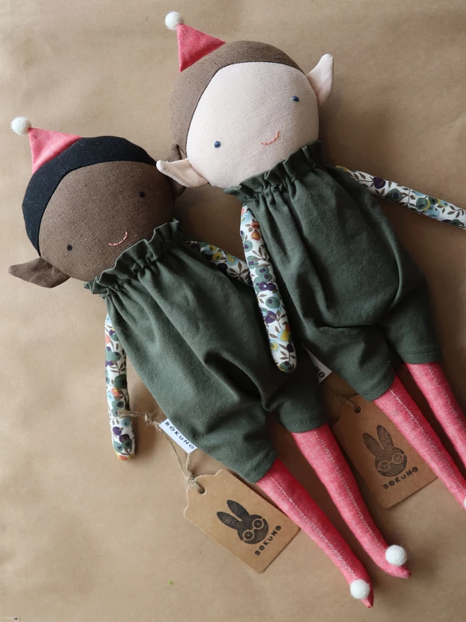 fabric elf dolls in green outfit