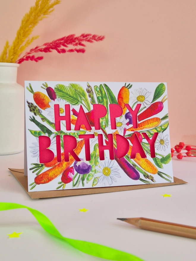 Vegetable Salad greeting card with vegetable illustraion and hot pink liner