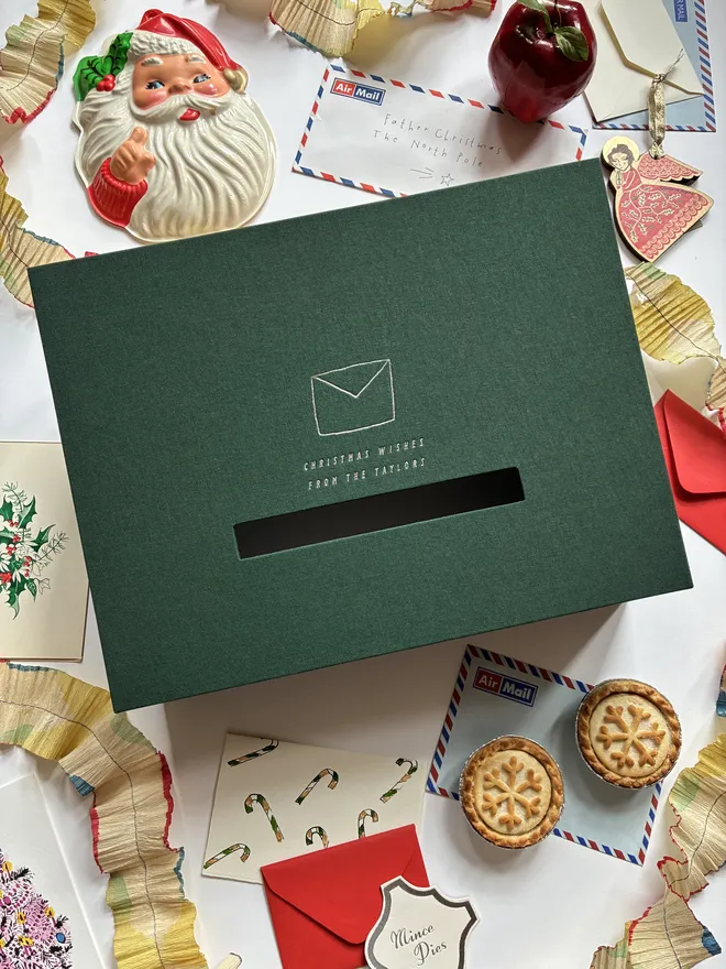 Handmade Christmas Postbox in Forest Green Cloth surrounded by vintage Christmas decorations