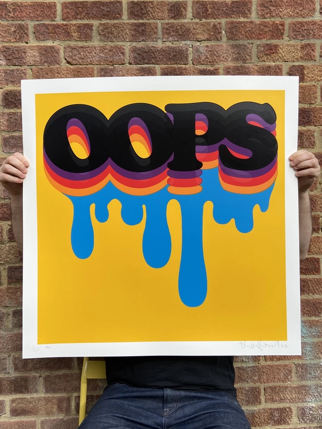 extra large "OOPS" Pop Art Handpulled Screenprint square with yellow background with rainbow letters and blue paint dribble underneath the letters 