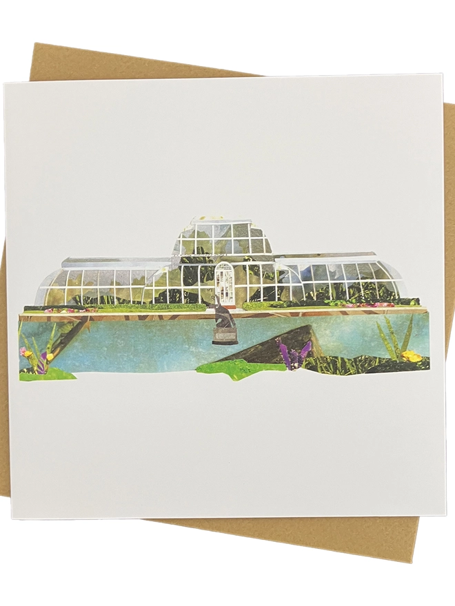 Greetings Card with a collaged illustration of Kew Gardens with an envelope on a white background.