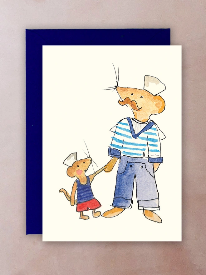 A greetings card with a Sailor Mouse and his child holding hands